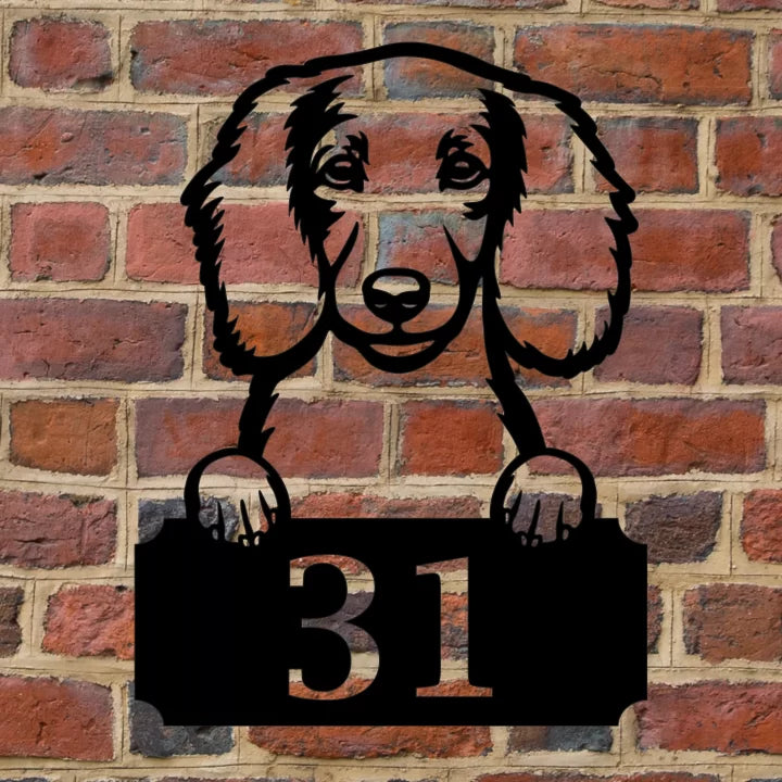 Metal House Number Peeping Dog - Long haired Dachshund image