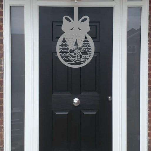 Christmas Wreath Village Bauble Front Door Hanger - Silver image