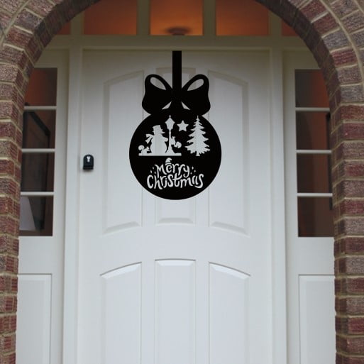Christmas Wreath Snowman Bauble Front Door Hanger - Black image