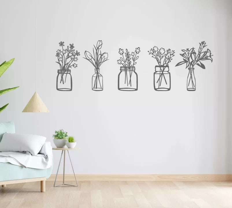 Metal Wall Art Flower Pot Set Home Decor - Grey image