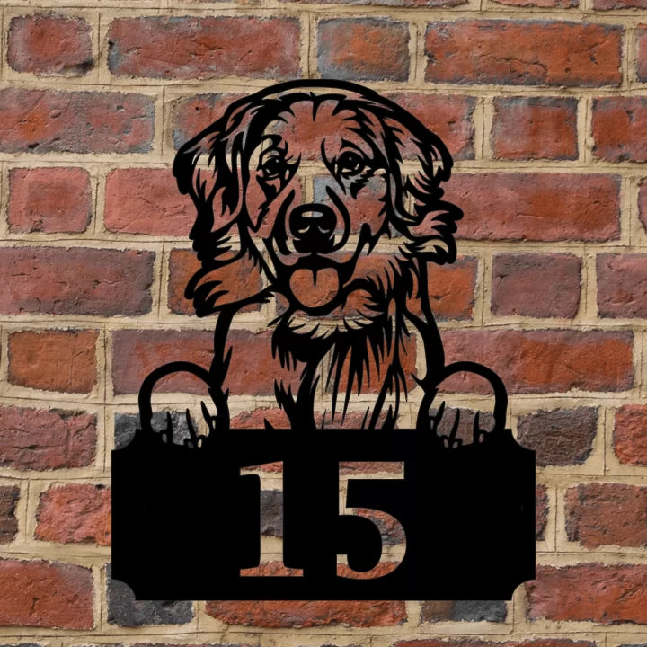 Metal House Number Peeping Dog - Golden retriever image