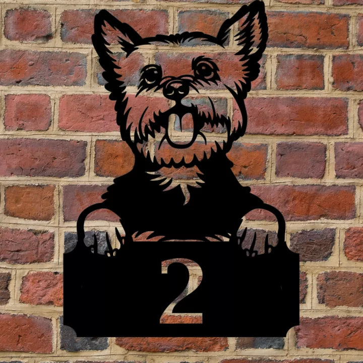 Metal House Number Peeping Dog - Yorkshire terrier image